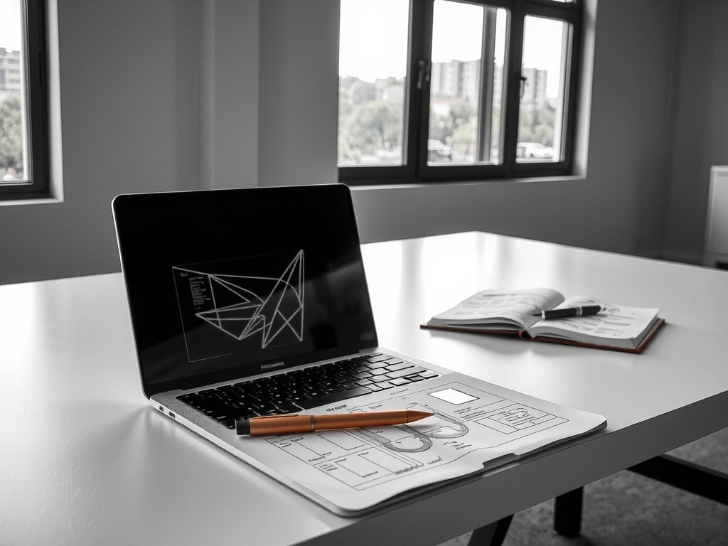 The architect's desk: wireframes, sketchbook, and a copper pen in a Bogotá studio.