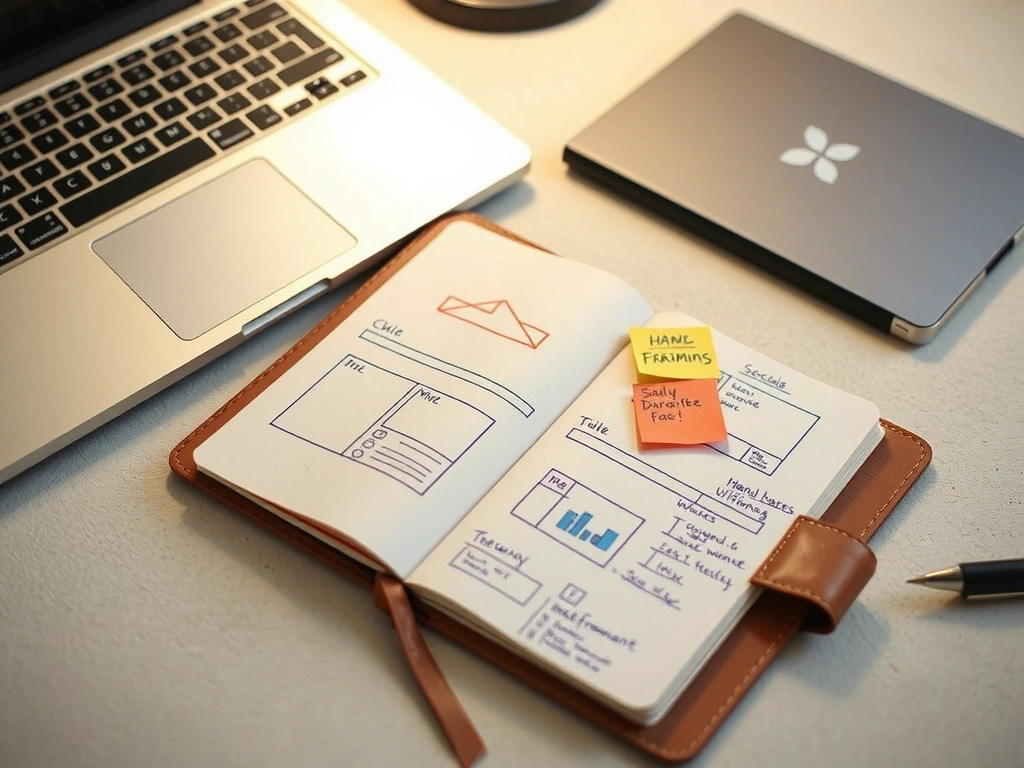 Studio desk with notebook and laptop